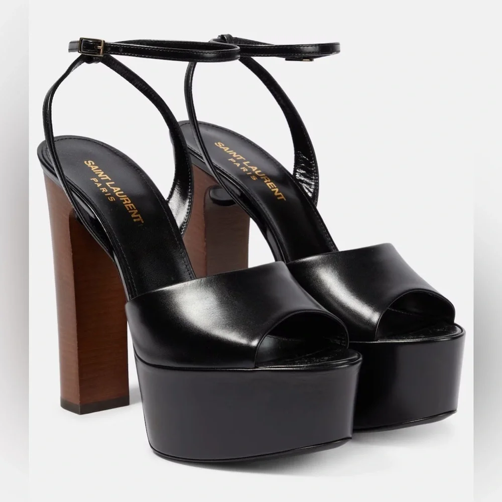 Saint Laurent | Jodie glossed-leather platform sandals Black wood New Size 41